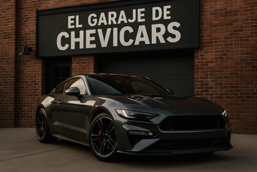Imagen de cabecera del blog El Garaje de Chevicars con coche deportivo frente al local.