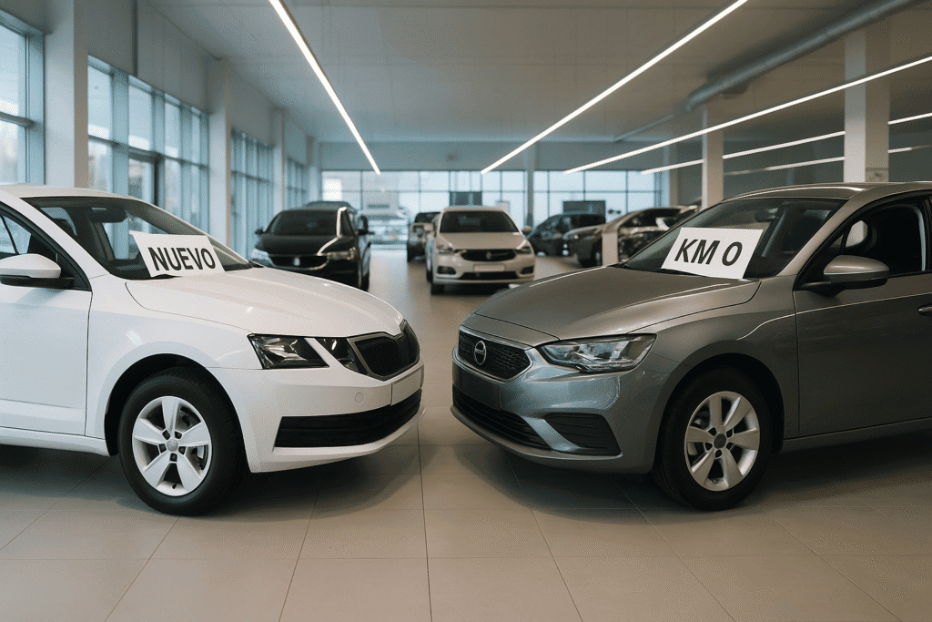 Comparativa entre coche nuevo barato y coche km 0 en un concesionario moderno
