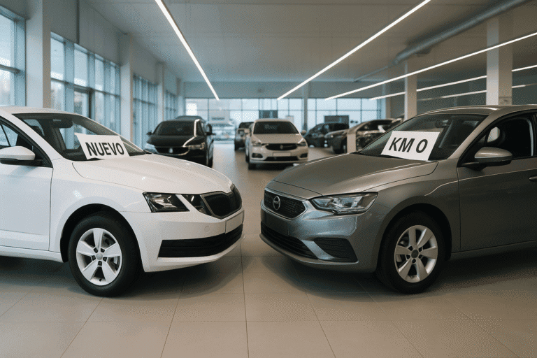Comparativa entre coche nuevo barato y coche km 0 en un concesionario moderno