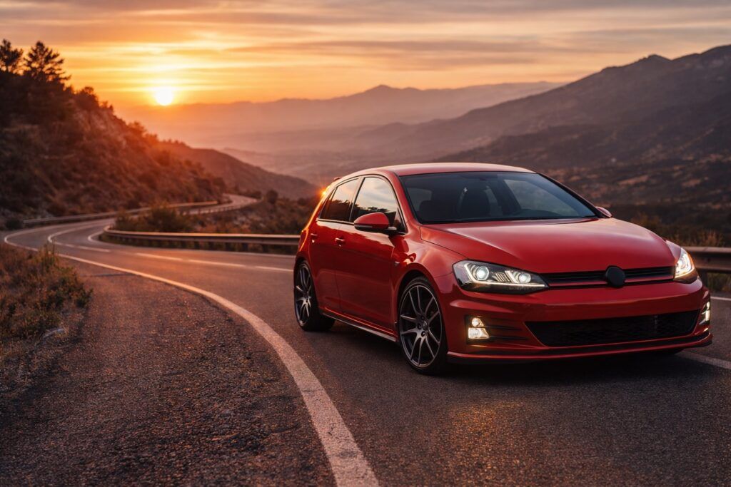 deportivos baratos 2025 coche deportivo rojo en carretera de montaña al atardecer